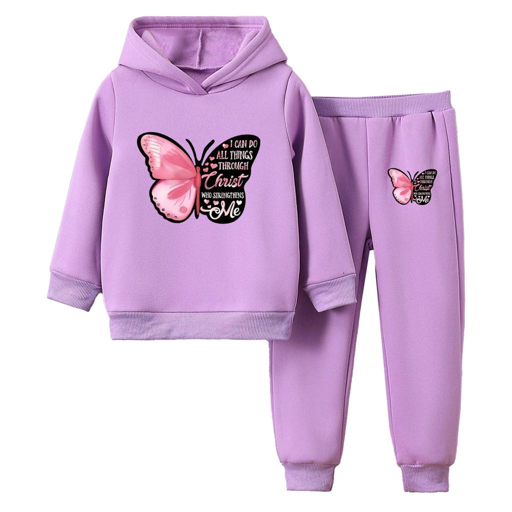Dziewczęcy Uroczy Dres z Nadrukiem Motyli Podszyty Fleece z Długim Rękawem Bluza z Kapturem Spodnie Dresowe z Elastycznym Pasem Zestaw Sportowy