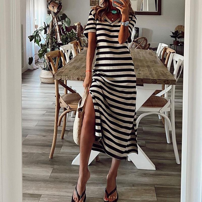 Women's Dress Short-sleeved V-neck Loose Striped Print Slit Long Dress