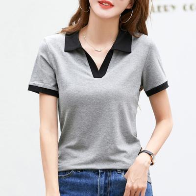 Patchwork T Shirts for Women Cotton Summer Turn Down Collar Y2k Korean Za Woman Short Sleeve Casual Tops Tees