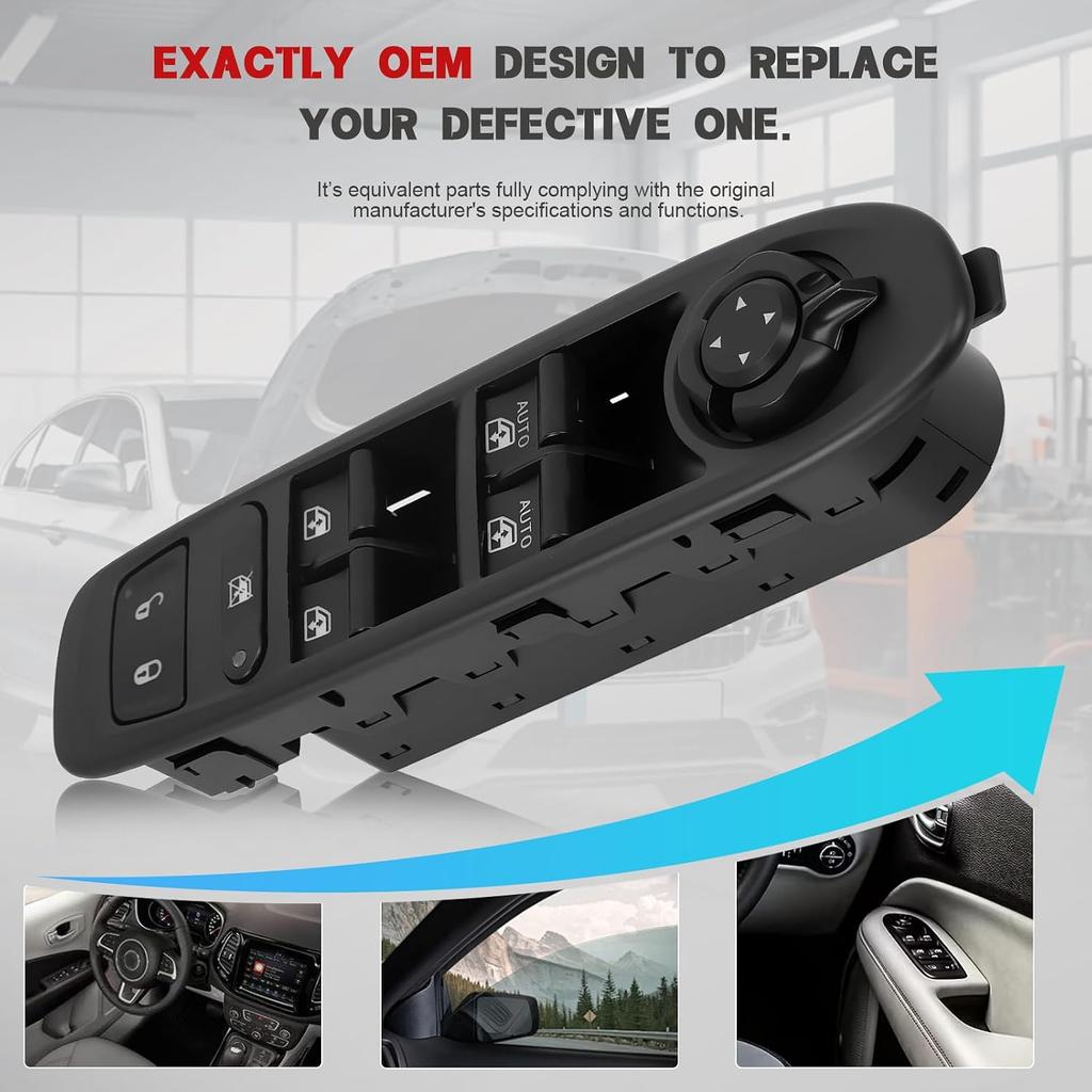 Driver Power Window Switch for 2018-2021 Jeep Compass, 6BZ27LXHAA | Front Left Switch with 2-AUTO Layout; Match OE, Mirror Controls and Rear