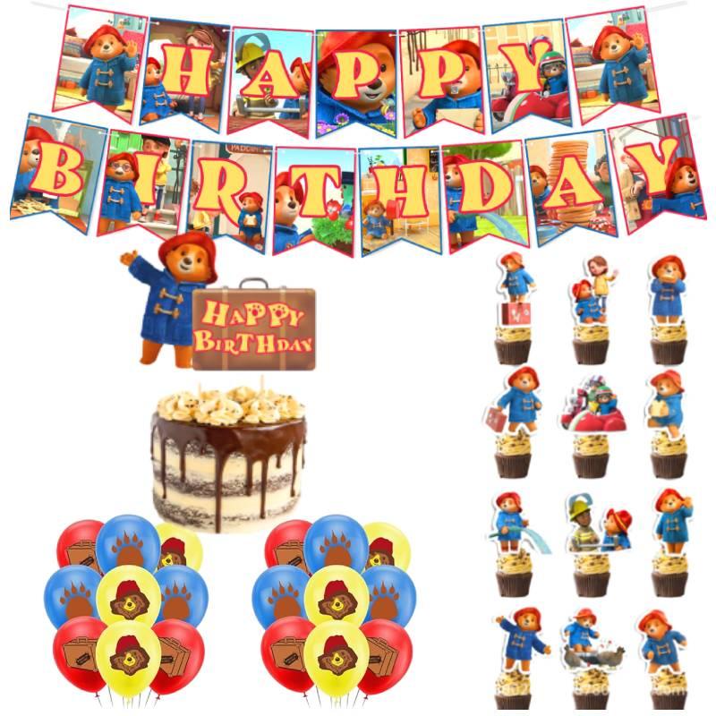 Party Bear Birthday Decor Set Banner Cake Toppers Balloons Pull Flag