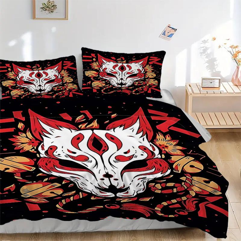 3pcs Anime Fox Mask Comforter Set with One Quilt Cover and Two Pillowcases (No Core) - Home Decor, Festival Gift, Polyester Fabric, Anime Cartoon Desi