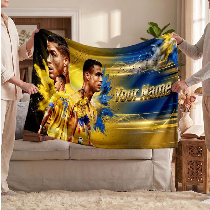 Personalisierte Fleece-Decke Cristiano Ronaldo mit Fußball-Logo, Individueller Name Text Weich Warm Home Überwurfdecke