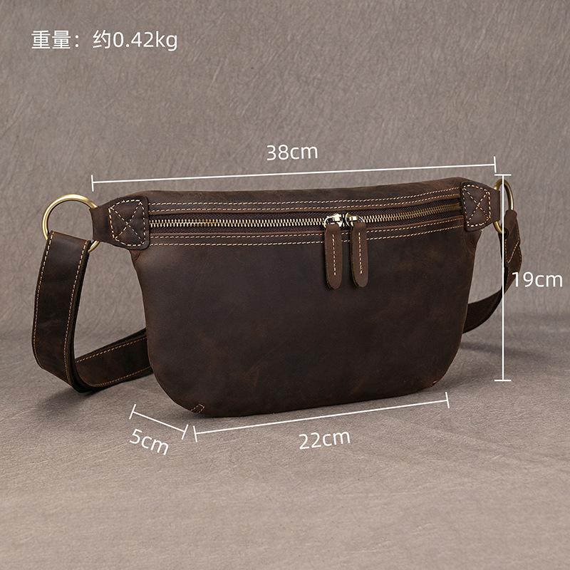 Men'S Genuine Leather Large-Capacity Fanny Pack, Retro Cowhide Breast Bag, First Layer Cowhide Crossbody Shoulder Bag, Oily Leather Casual Bag.