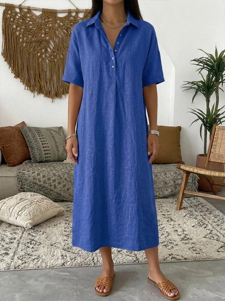 Women's Spring and Summer New Casual Straight Comfortable Polo Neck Linen Short Sleeve Dress