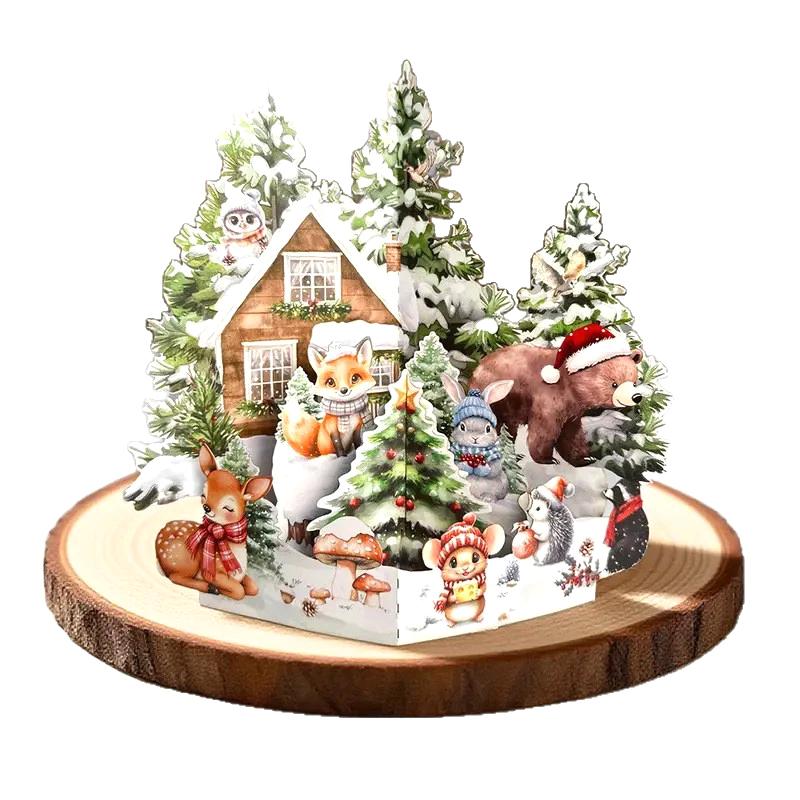 

1 Set 3D Christmas Card Night Before Christmas Scene With Santa, Reindeer, Snowy Village Festive Holiday Greeting Card