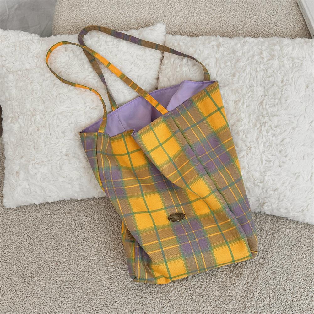 Large Capacity, Minimalist, Single Shoulder Checkered Bag, Lightweight, Commuting Canvas Bag, Double-sided, Dual-use Tote Bag