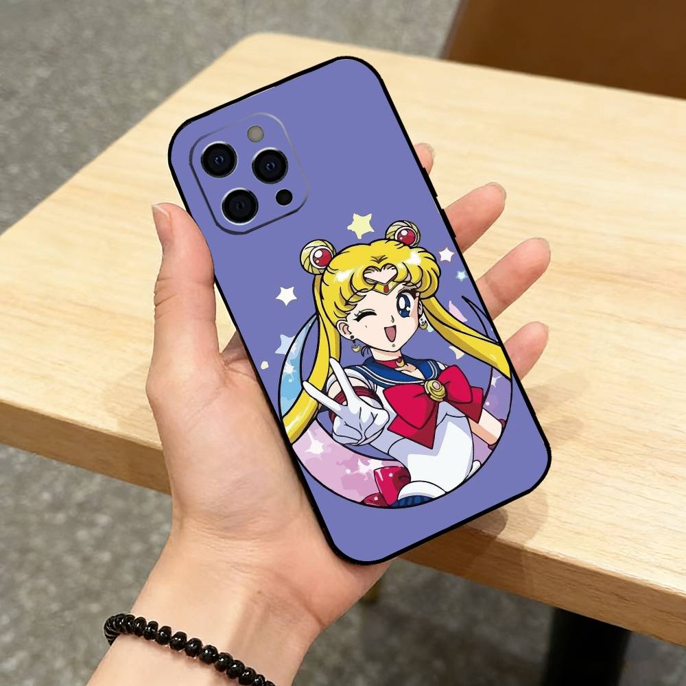 CUTE Cartoon S-Sailor M-Moons Phone Case For iPhone 17,16,15,14,13,12,11 Plus,Pro Max,XS,Soft Silicone Black Cover