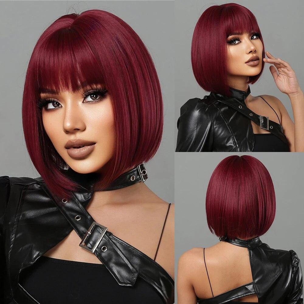 Short Orange Straight Bob Hair Synthetic Wigs with Bangs Orange Colorful Cosplay Party Wig for Women Heat Resistant Fiber Daily