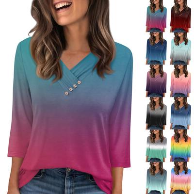 Γυναικείο T-Shirt Μπλουζάκι Κουμπωτό 3/4 Μανίκι Τουνίκ Καθημερινό Σαββατοκύριακο Μόδα Βασικό V-Λαιμόκοψη Κανονικό Τοπ