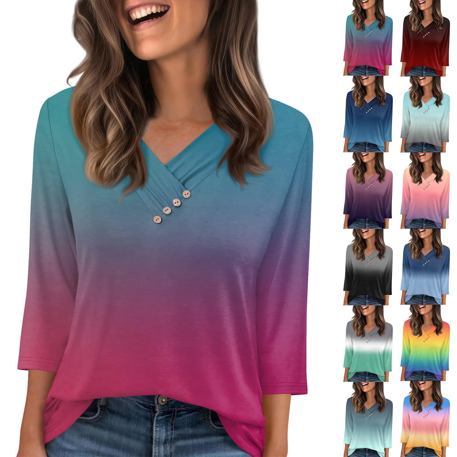 

Women s T Shirt Tee Button 3/4 Sleeve Tunic Daily Weekend Fashion Basic V- Neck Regular Top S ціан