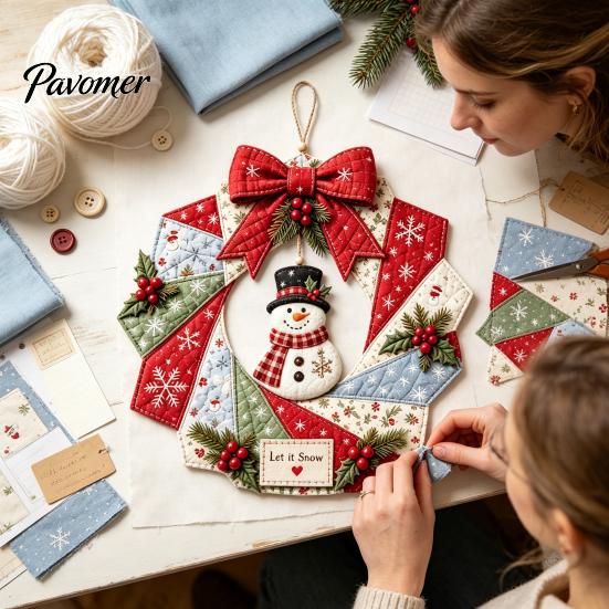 DIY Patchwork Craft Supplies Wreath Kit, Christmas Sewing Seasonal Patterns, Farmhouse Style Crafts Fabric Kit for Adults, Front Door Wall Decor