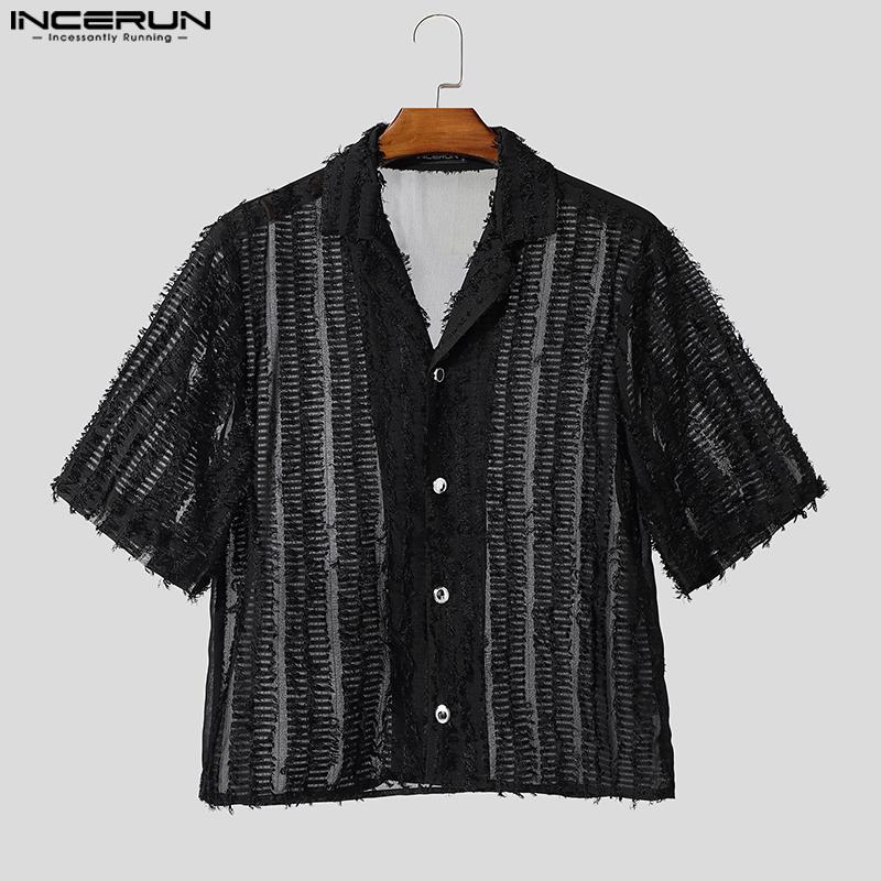INCERUN Oversized Men Casual Lapel Neck Short Sleeve Tassel See Through Loose Shirts