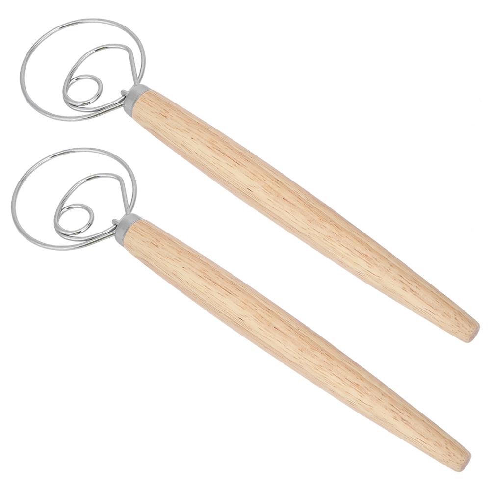 2Pcs Stainless Steel Dough Mixer Blender Manual Eggbeater with Oak Handle Kitchen Accessory
