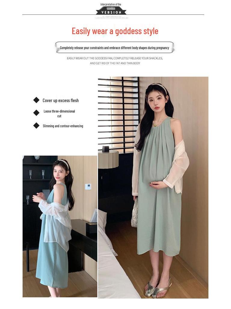 Umstandssommerkleid-Set im französischen Stil: Slipkleid & Sonnenschutzhemd - Lockere Passform