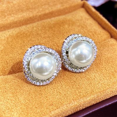 Huitan Sparkling Cubic Zirconia Imitation Pearl Stud Earrings for Women Silver Color Temperament Girls Ear Accessory Jewelry