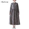 Korean Style Autumn Spring Women Midi A-Line Dress O Neck Floral Print Lace Up Dress Long Sleeve Elegant Ladies' Dress