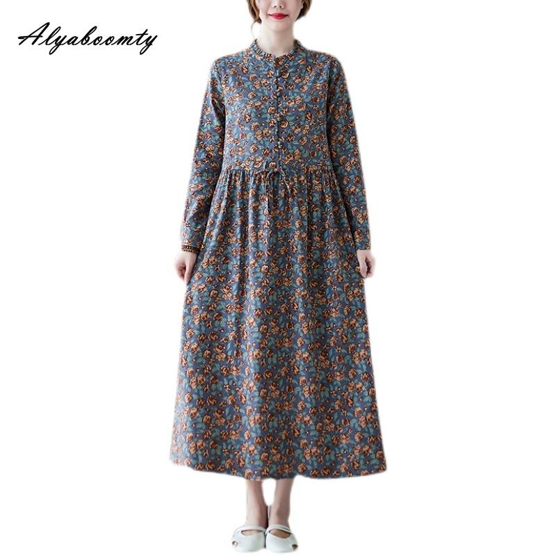 Korean Style Autumn Spring Women Midi A-Line Dress O Neck Floral Print Lace Up Dress Long Sleeve Elegant Ladies' Dress