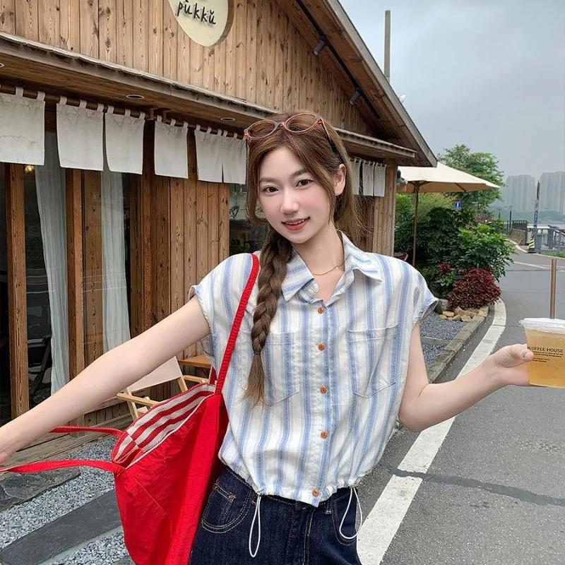 Women s Blue White Vertical Stripe Drawstring Hem Short Sleeve Casual Shirt S синий