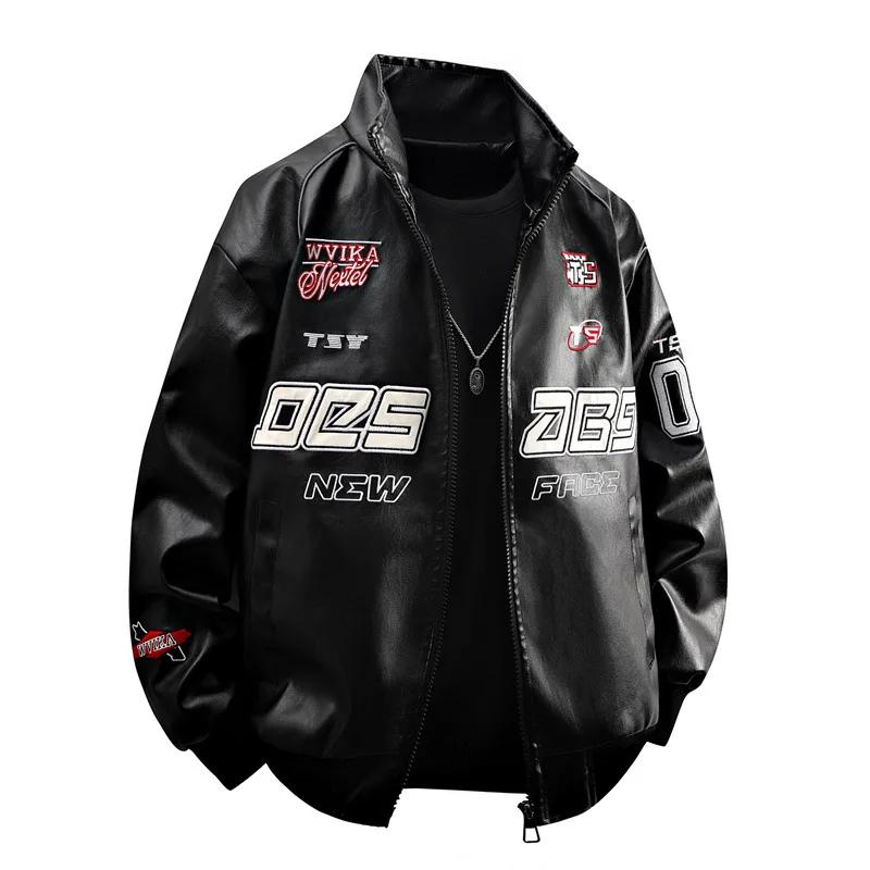 Motorradjacke im amerikanischen Stil aus PU-Leder, trendige schwarz-weiße Bikerjacke, Herren-Oversize-Passform, gefütterte Oberbekleidung