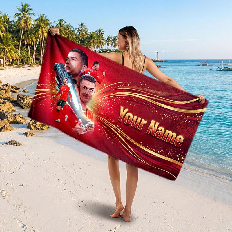 Cristiano Ronaldo Custom Beach Towel, Personalized Name Text Print, Football Logo Soft Quick‑Dry Towel Holiday Gift
