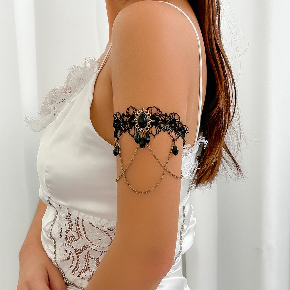 Black Lace Crystal Pendant Arm Bracelet For Women Gothic Tassel Cuff Bangle Fashion Jewelry Party Female Accessories Gift