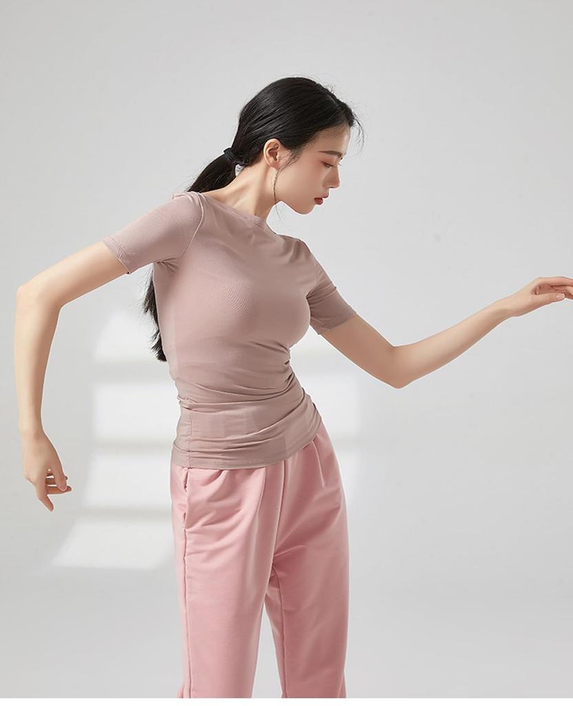 Yuoku Ballet Dance Short Sleeve Boat Neck Practice Stretch Dance Solid Classical Ballroom Dance Elastic Boat Women's Costume, Top, Wear, Top, T-Shirt,