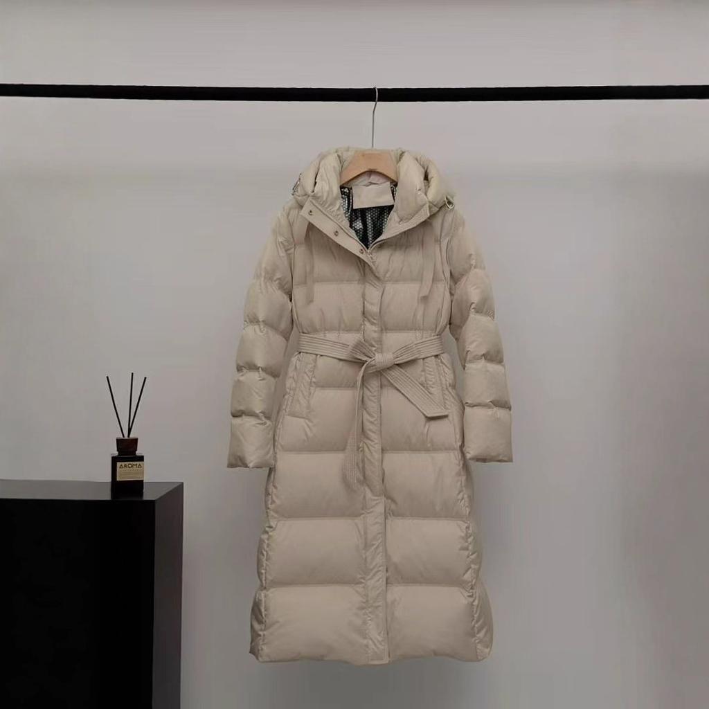 White duck down women's long over the knee winter new hooded waist slim and thin thickened belt jacket