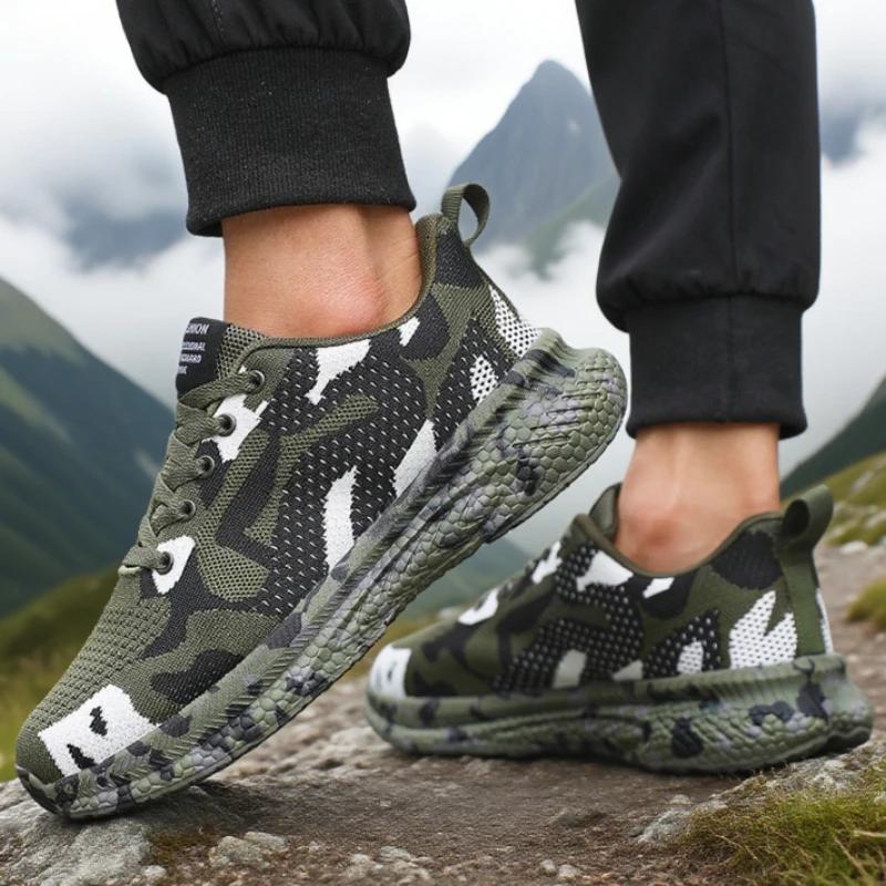 Men's Mesh Hiking Shoes Breathable Knit Fabric Lightweight Anti Slip Fashion Camo Sneakers Outdoor Comfort Camouflage Men Shoes