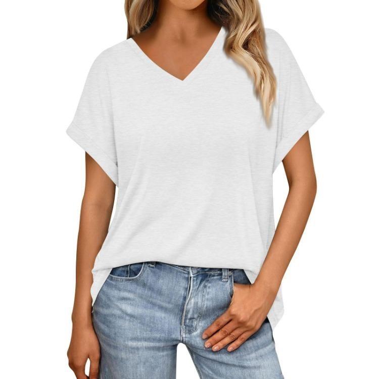 Damen Sommer V-Ausschnitt T-Shirt Locker Kurzarm Einfarbig Mode Top