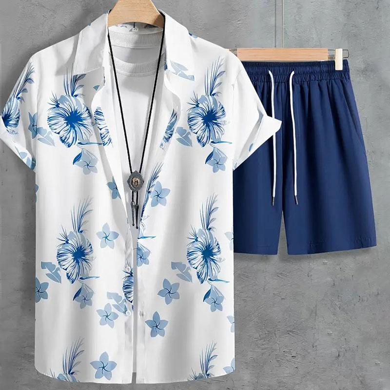 Hawaiis Neues Klassisches Herren Freizeithemd Bedrucktes T-Shirt und Zweiteilige Shorts Sommer Outdoor Reiseaktivitätskleidung
