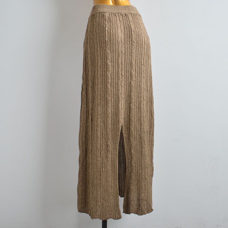 Spring/Summer New Arrival Pure Color Cable Stitch Elastic Stretch High Waist Knit Skirt Women's Clothing Silm Slim Looking Slit Midi Skirt