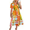 European and American Foreign Trade Women's Clothing Spring and Summer Casual Bohemian Vacation High-Waisted Geometric Color-Blocking Print Dress