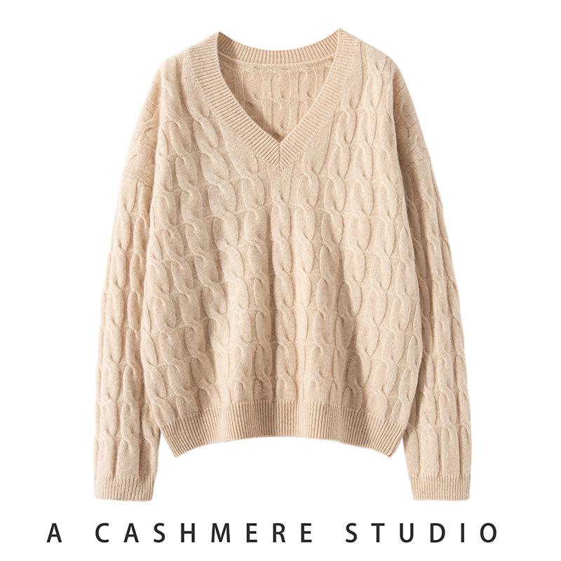

Women s V-Neck Loose Cable Knit Wool Sweater - Winter 2024 Casual Pullover Knitwear One Size