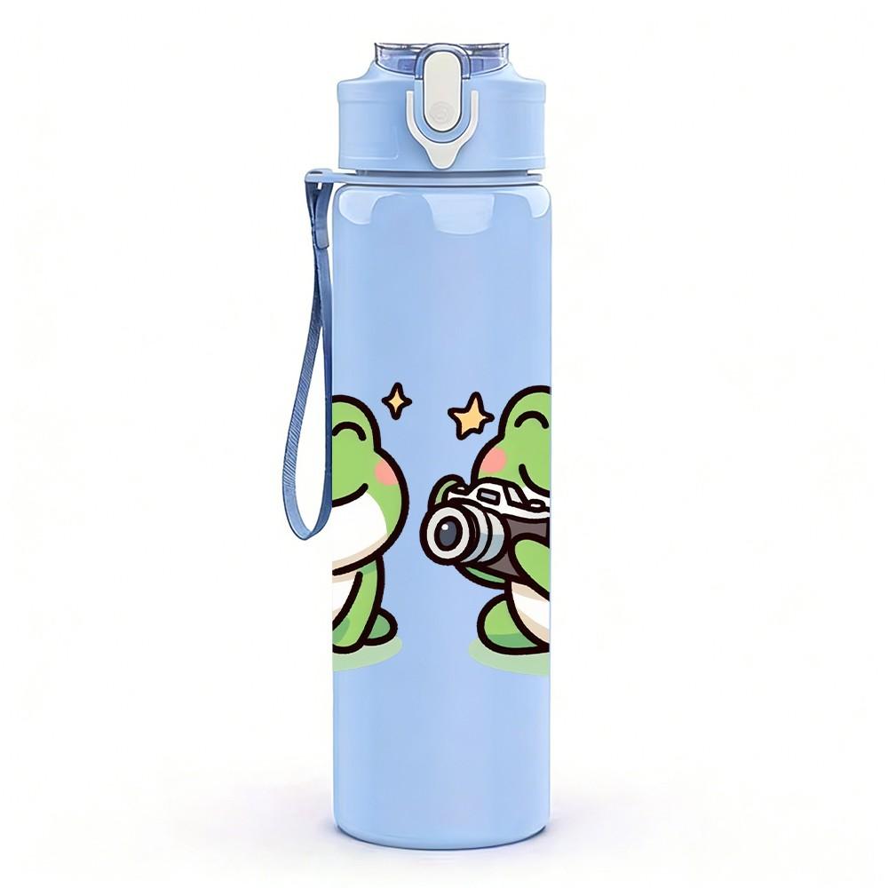 1PC Two Green Frog Couple Cartoon Print 750ml Color Plastic Sports Water Bottle Leakproof Flip Straw Lid Suitable for Sports Office Home Use
