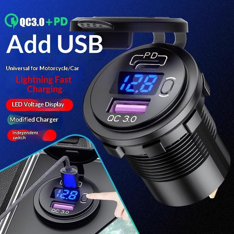 USB-C-Autoladegerbuchse 12V/24V Dual-USB-Buchse PD3.0 QC3.0 Auto-USB-Anschluss mit LED-Voltmeter und Ein/Aus für Motorboot LKW