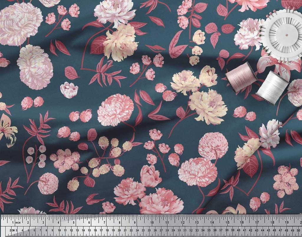Soimoi Japan Crepe Satin Fabric Leaves,Peony & Dahlia Flower Printed Fabric 1 Metre 42 Inch