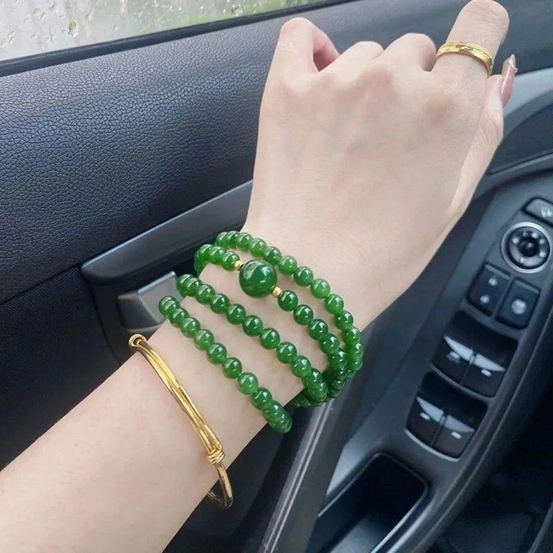 Chinese Style Emerald Green Triple-Circle Bracelet - DIY Multi-Layer Lucky Gift for Women, Friends, or Girlfriends