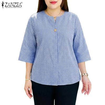 Women Plaid Print Casual Round Neck 3/4 Sleeve Blouse