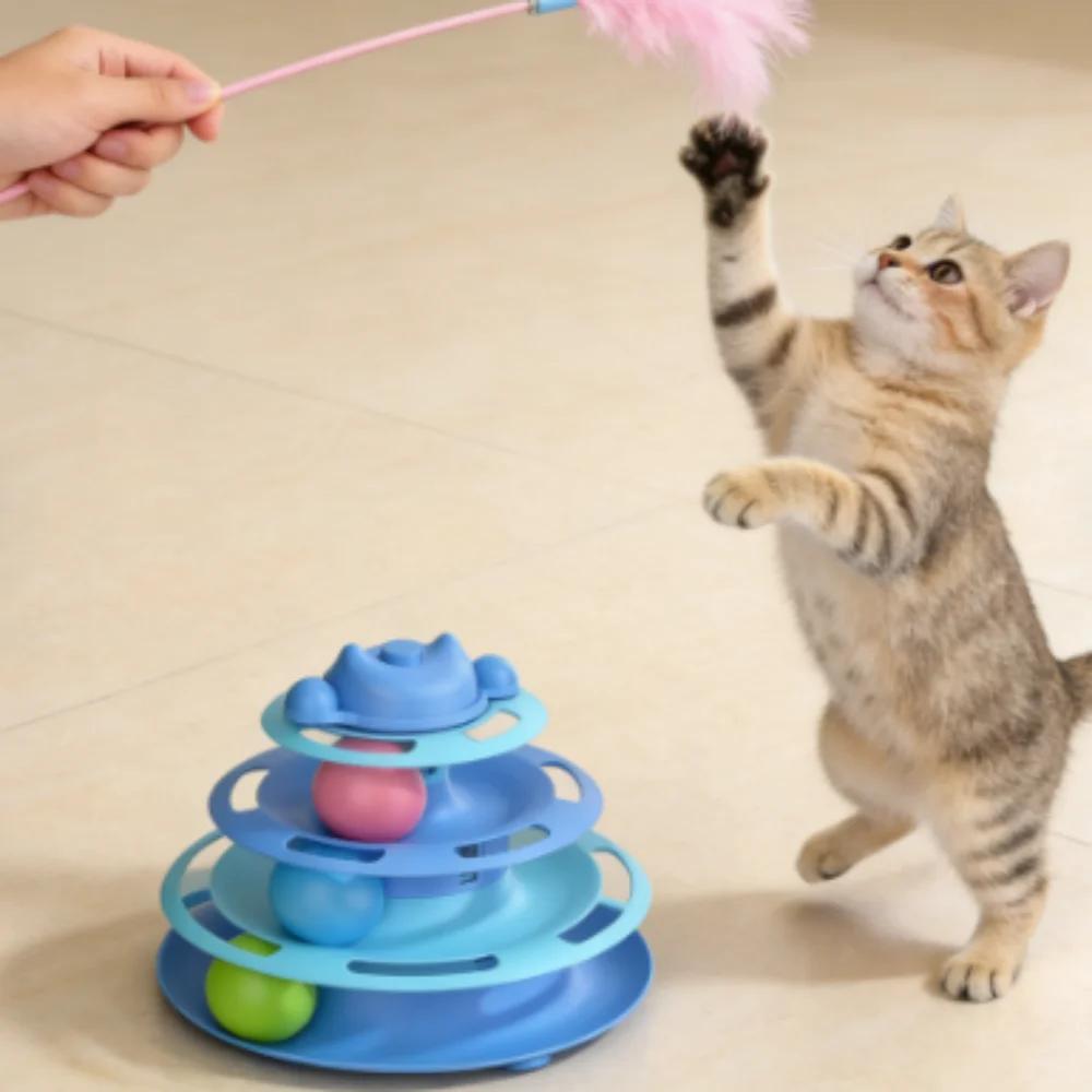 4-Layer Feather Cat Turntable With Fun Toy Ball And Playing Stick - Interactive Toy For Cats