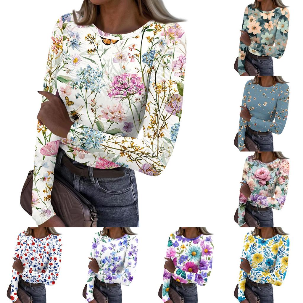 Women’s Casual Long Sleeve Ribbed Crew Neck Top with Floral Print Pullover Lightweight Stretchy Knitwear for Daily Wear