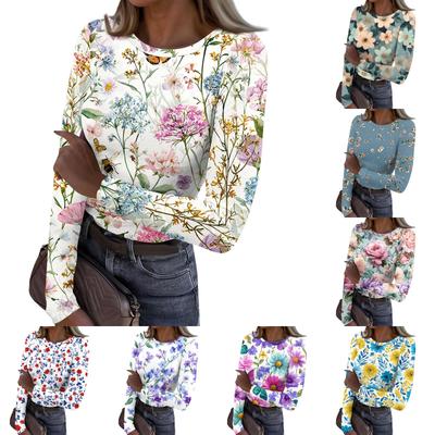 Women’s Casual Long Sleeve Ribbed Crew Neck Top with Floral Print Pullover Lightweight Stretchy Knitwear for Daily Wear