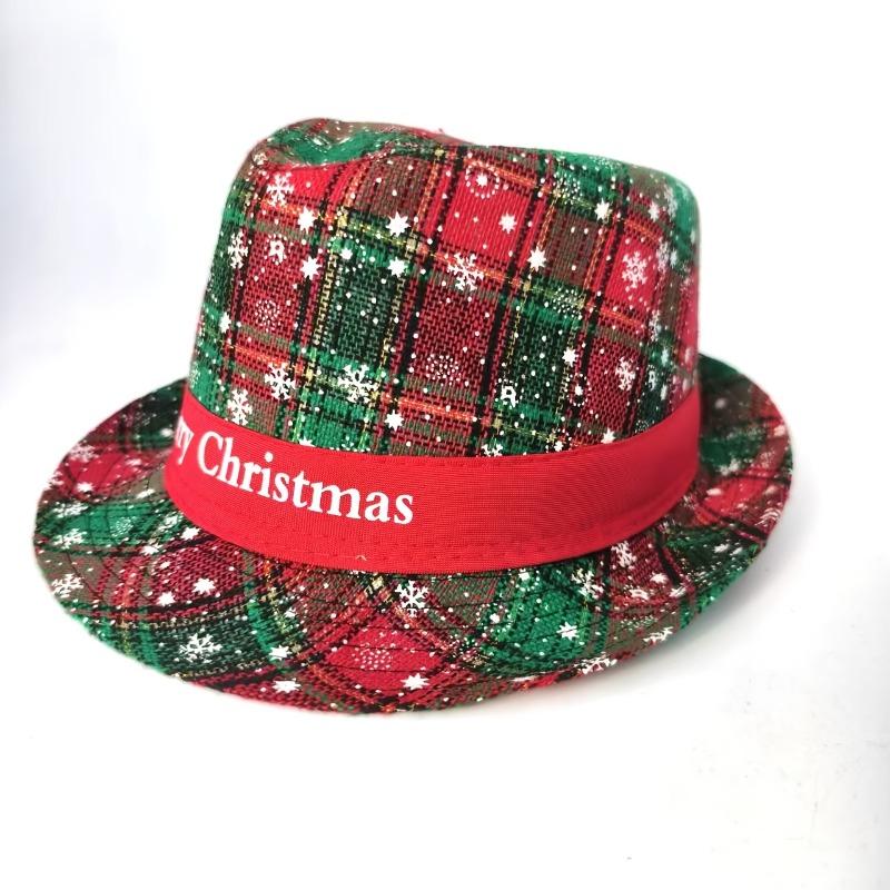 1pc Men'S Christmas Santa Hat with Plaid & Snowflake Patterns, Red/Green Tartan Design, Wide Brim & Poinsettia Bow - Festive Party Costume Accessory