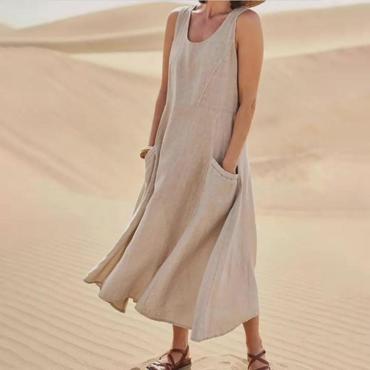 Summer Sleeveless Pocket Dress Cotton Linen Blend European American Style 19 Colors
