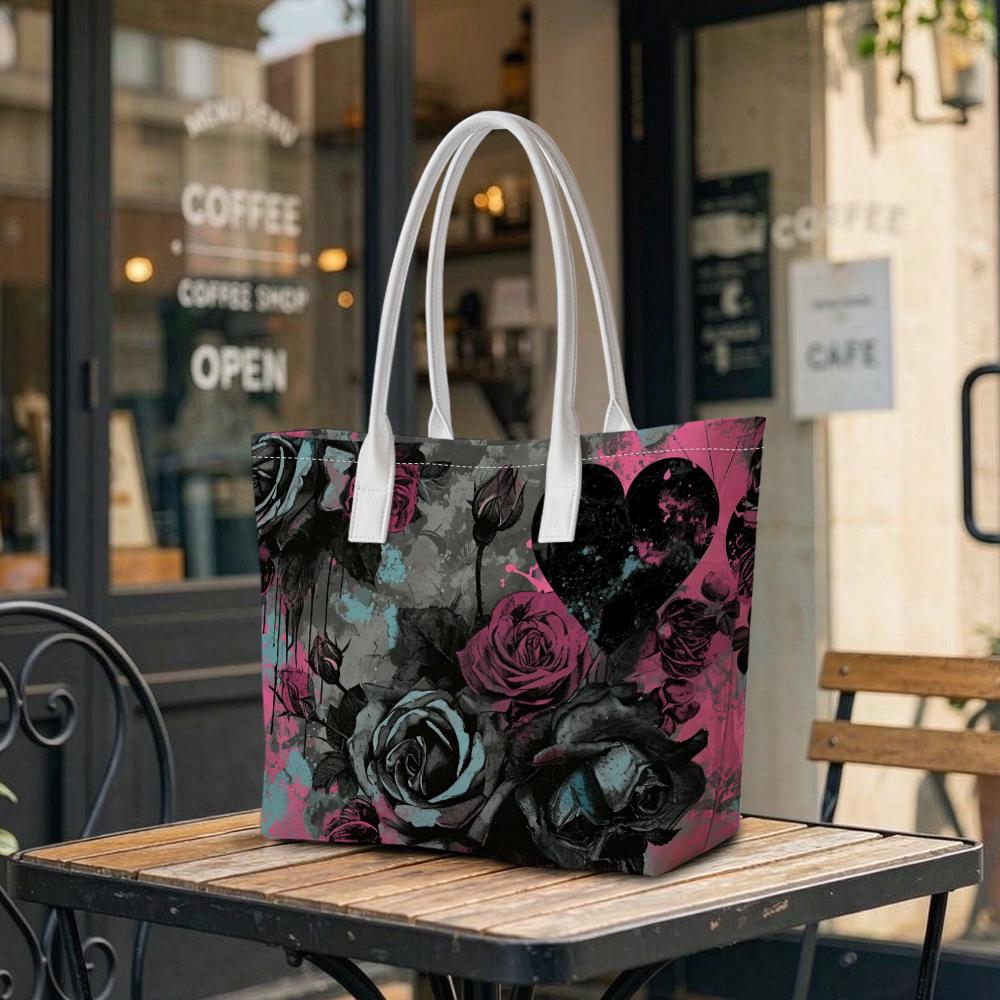 Gothic Rose Heart Pattern Tote Bag Dark Style Aesthetic Daily Shoulder Bag for Women Casual Trendy Lightweight Large Capacity Versatile Handbag