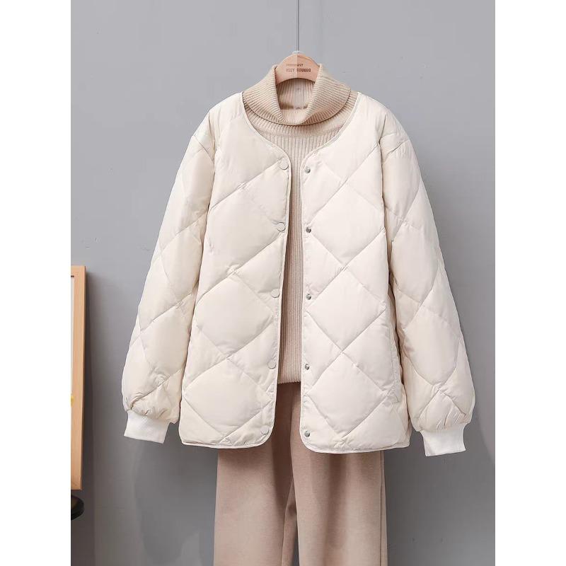 Rhombus Collarless Down Jacket Women's Light and Short New Small Loose Round Neck White Duck Down Liner Jacket