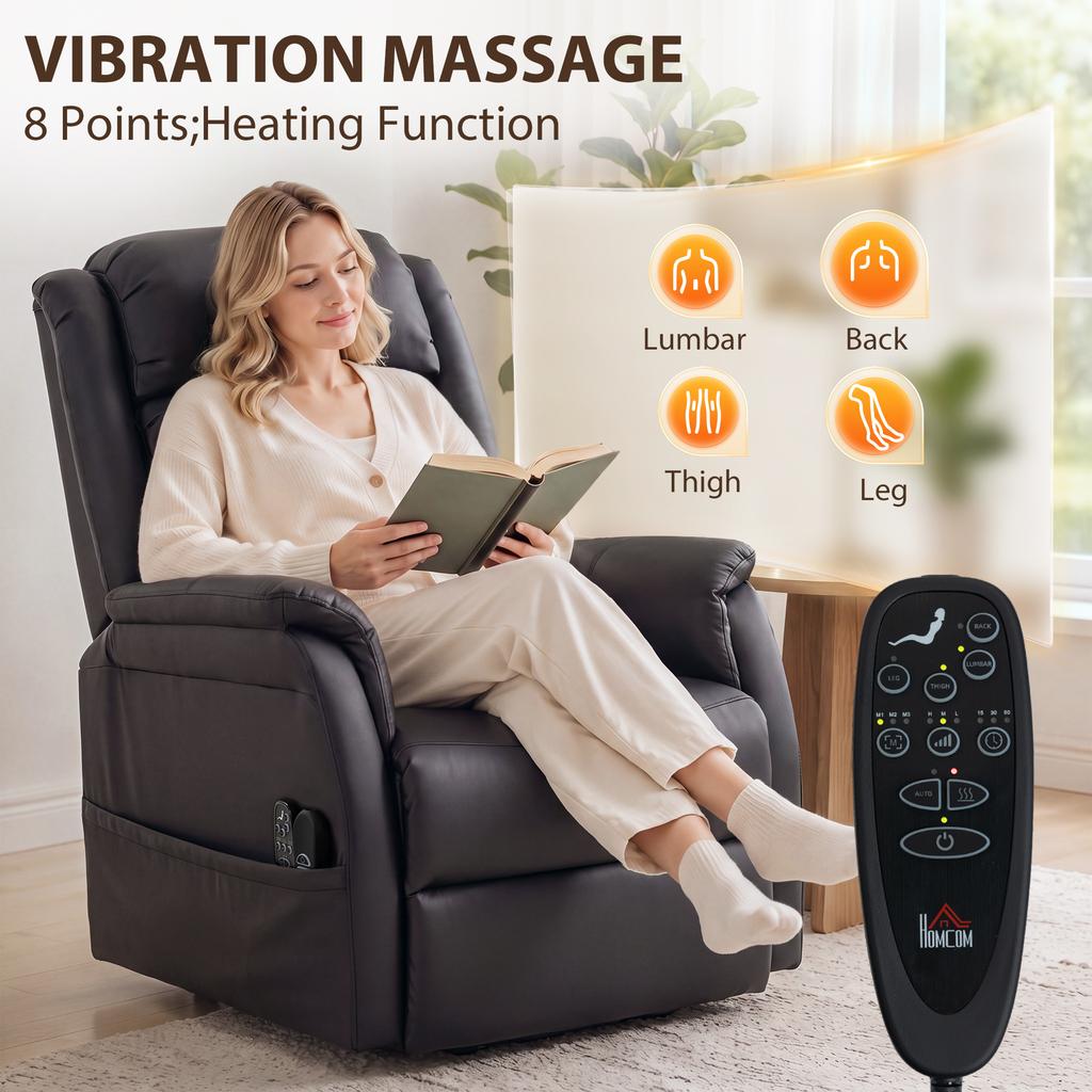 Electric Lift Chair with Vibration Massage and Heat Function, Senior Chair Made of Brown PU Leather