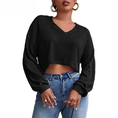 Women's Autumn and Winter Fashion Top Solid Color V-neck Crop Long-sleeved Knitwear