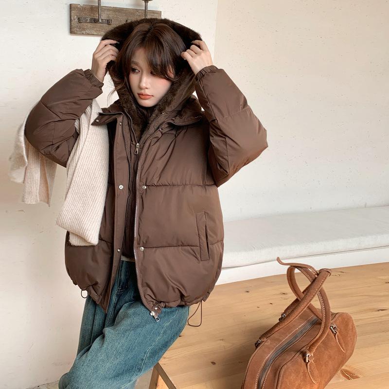 Stand-up collar women's cotton-padded jacket solid color loose velvet thickened hooded trendy fashion student women's bread cotton-padded jacket