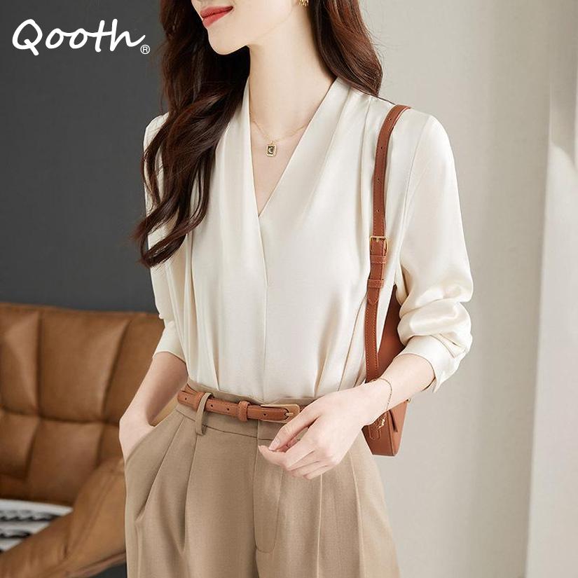 

Qooth Women V-neck Long Sleeved Chiffon Shirt Simple Casual Elegant Pullover Top QT1924 S